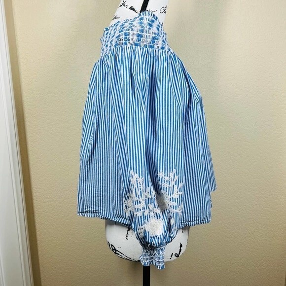Soprano blue striped top off the shoulder long sleeve blouse size M - Picture 7 of 15